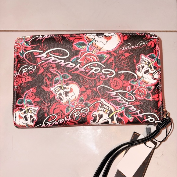 Ed Hardy Black Wristlet Wallet with Red Rose & Skull Print - Picture 6 of 9